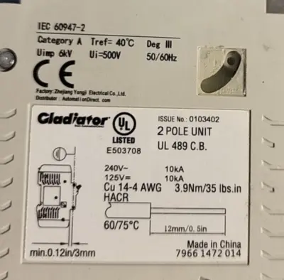 Gladiator IEC 60947-2 GMCBU 2-POLE 30A Breaker (BIN 3.5.2)