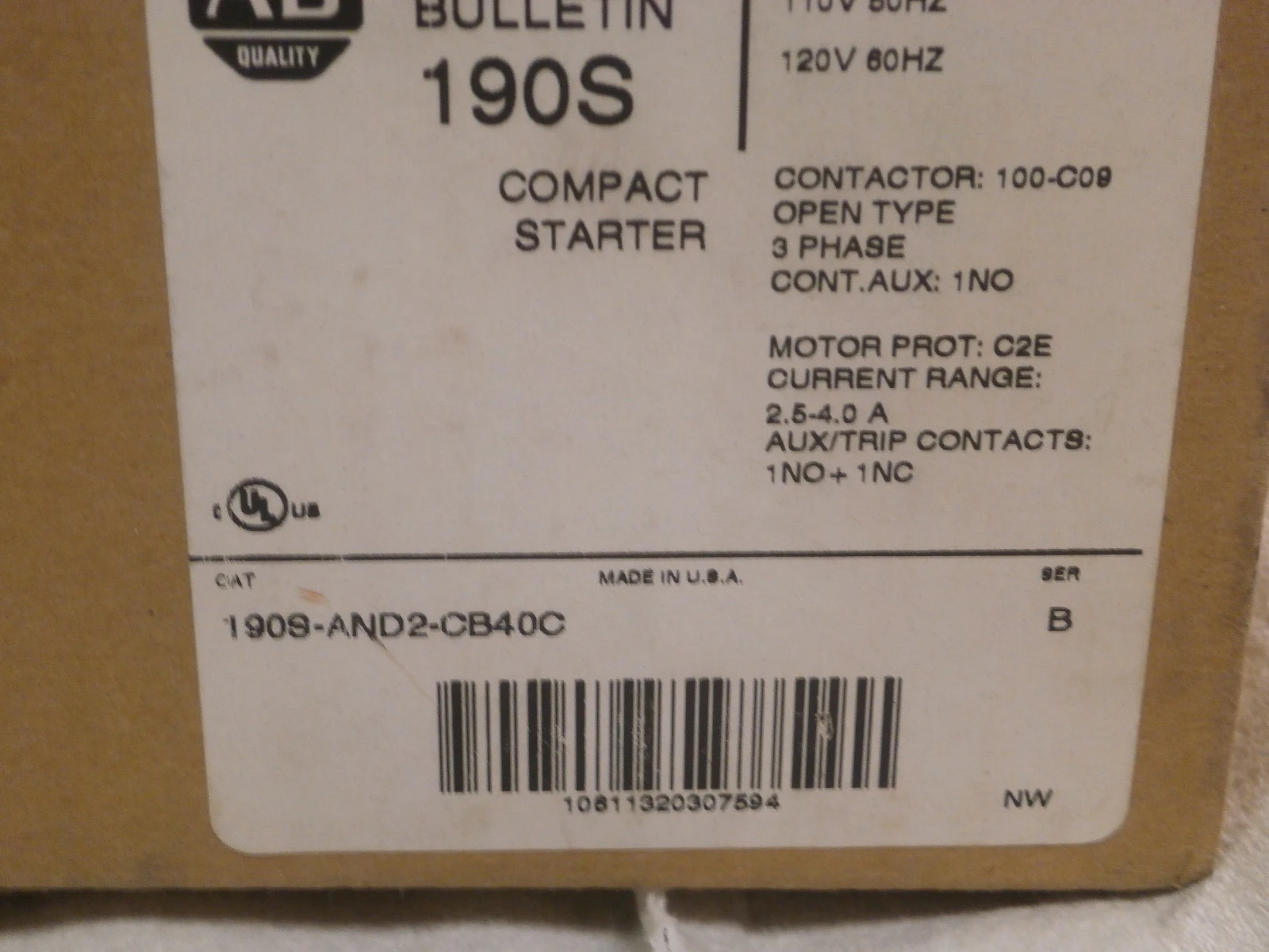 NEW Allen Bradley 190-AND2-CB40C