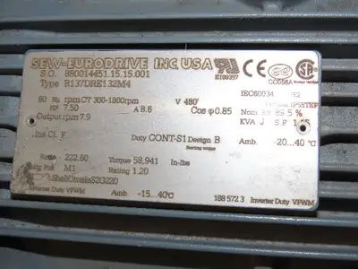 Sew-Eurodrive R137DRE132M4 Helical Gearmotor 222.6:1 Inline Reducer 7.5Hp 480V