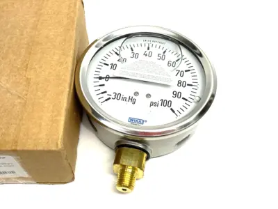 USED WIKA INSTRUMENT LIQUID FILLED HYDRAULIC GAUGE 100 PSI, 4" FACE DIA, LOWER MOUNT