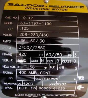 NEW BALDOR 10142 INDUSTRIAL MOTOR 1/8HP 42C 208-230/460V