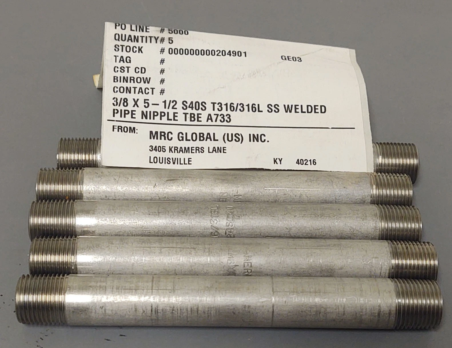 🔥(QTY 5) 3/8" X 5-1/2" 316L Stainless Steel NPT Threaded Pipe Nipple