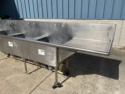 Used Duparquet Used 156" Duparquet 3 Compartment Commercial Sink with Twist Drains - SS10 Sinks Illinois US | Falcon Restaurant Supply #1376181