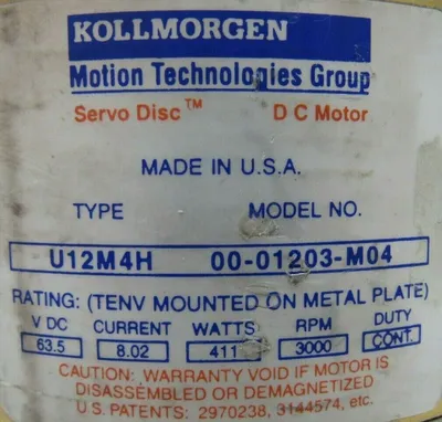 USED KOLLMORGEN 00-01203-M04 SERVO DISC MOTOR U12M4H 0001203M04 8/02R
