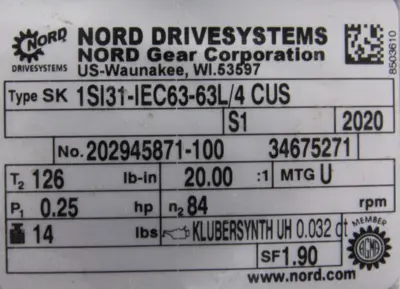 NEW NORD SK1SI31-IEC63-63L/4 CUS GEAR MOTOR 20:1 SK63L/4 CUS SK1SI31IEC6363L4CUS