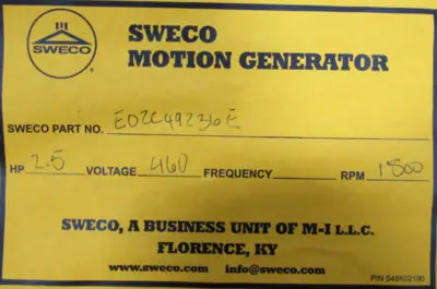 NEW SWECO E02C49236E MOTION GENERATOR 2.5HP 460V 213T E02C49236E-11-W-9-S
