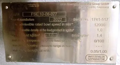 Westfalia FSE 10-06-077 biotech clarifier, 316SS.