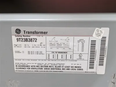 30 kVA GE 9T23B3872 Dry Type Transformer 480V PRI 208Y/120V SEC Tested
