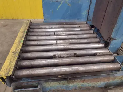 20,000 LBS X 54" X 36" BRANER HYDRAULIC COIL CAR UPENDER WITH POWER FEED CONVEYOR: YOBRO #25238