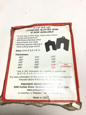 Precision Brand Stainless Slotted Shim .025 Gauge 5″x5″ Size D 1-5/8″ Slot Size