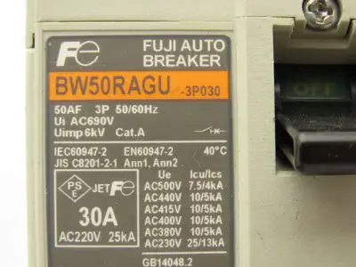 Fuji BW50RAGU3P030 3-Pole Auto Circuit Breaker 30A 500V 3Ph Molded Case Lot of 3