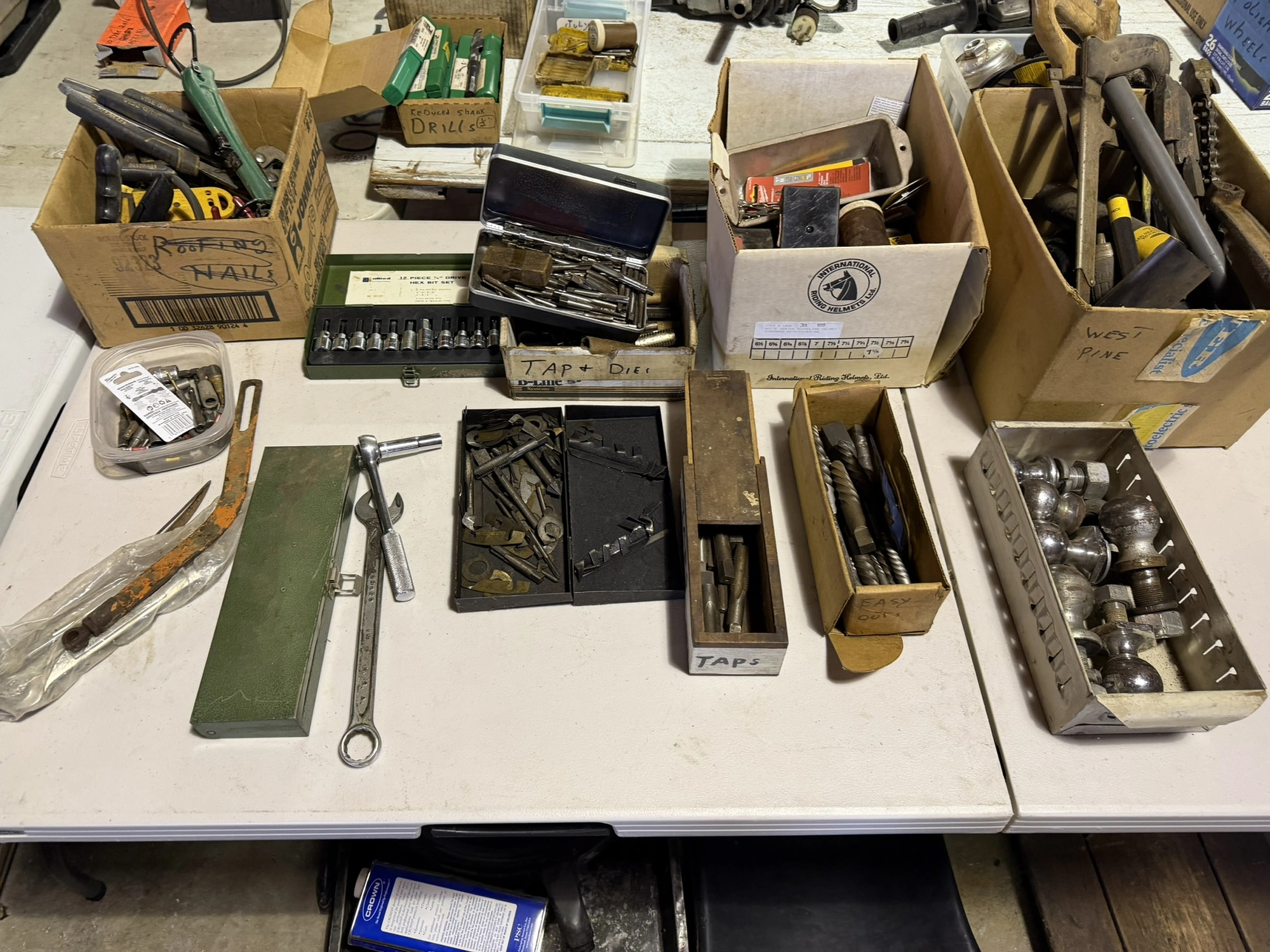 Large lot of assorted hand tools, includes saws, wrenches, sockets, drill bits, Allen extensions, pl...