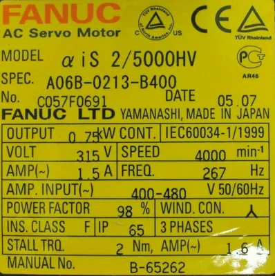 USED FANUC A06B-0213-B400 SERVO MOTOR AIS 2/5000HV A06B0213B400 A860-2000-T301