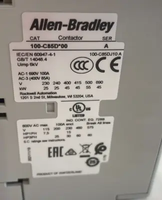 ALLEN BRADLEY 100-C85DJ10 CONTACTOR SER. A 100C85DJ10