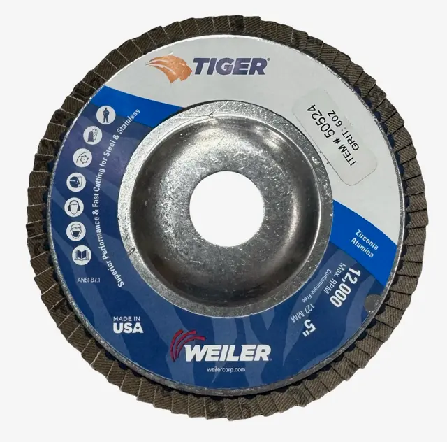 Weiler TIGER 5" x 7/8" Abrasive Flap Discs, Angled, 60 Grit Zirconia 10 Pack USA