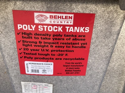 Behlen Country 100 gallon poly stock tank, approx 4’ x 2’ x 2’, drain valve on one end