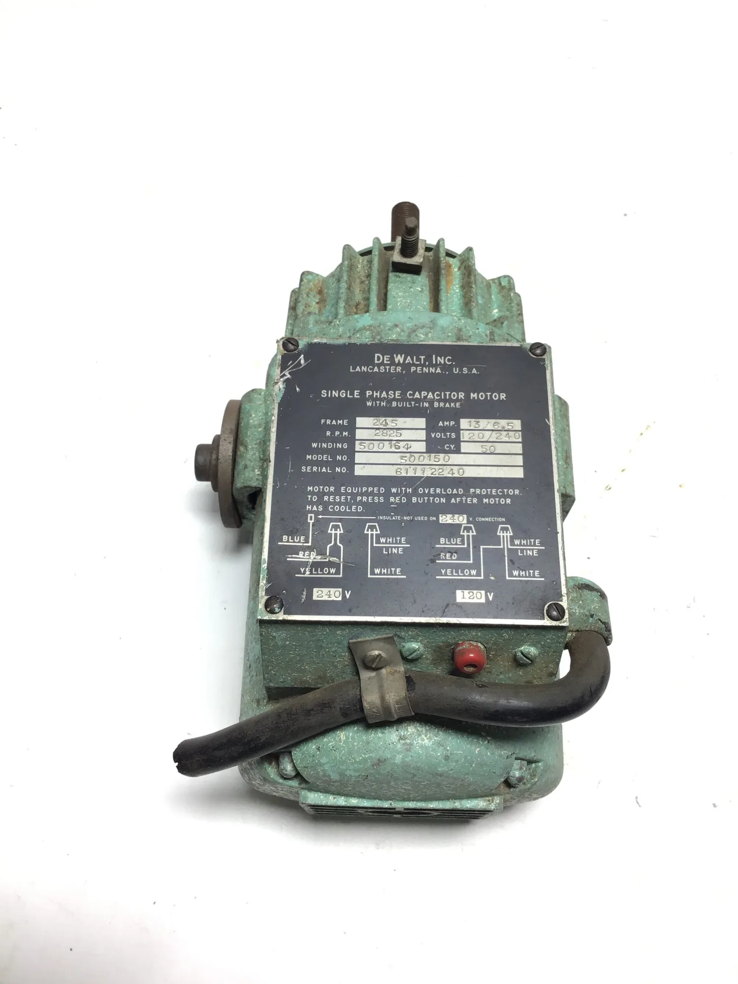 DeWalt 500150 Single Phase Capacitor Motor 245 Frame with Built-In Brake 2825 RPM
