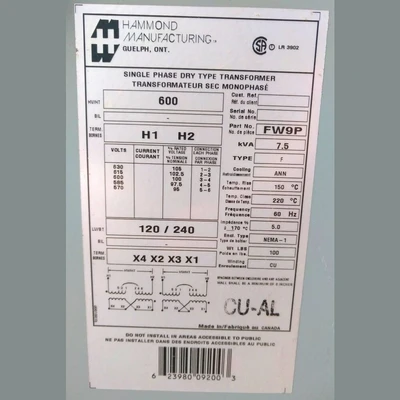 Hammond 7.5 kVA Transformer