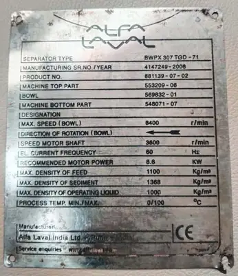 Alfa-Laval BWPX 307 TGD-71 oil concentrator, SS.