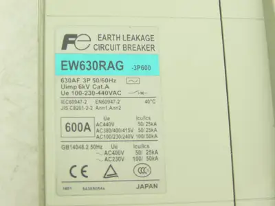 Fuji Electric EW630RAG-3P600 Earth Leakage Circuit Breaker 3-Pole 600A 100-440V