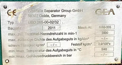 Used 2011 GEA WESTFALIA SEPARATOR GROUP GMBH UCD 205-00-02/32 Decanter Centrifuges DE | Machinery & Equipment #1566382