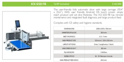 S.A.M X3i 650 FB Fully Automatic Slicer and Stacker with Large Carriage Ideal for Bacon