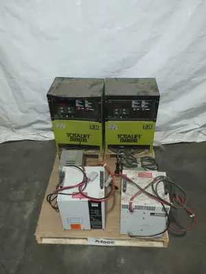 LOT OF 6 ASSORTED BATTERY CHARGERS, TOTAL LIFT, LTD, EZ-GO TEXTRON, THUNDERBULL