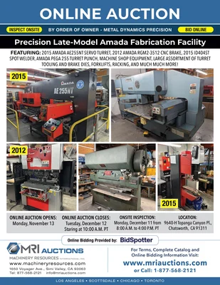 Late Model Amada Fabricating Facility Auction – by the order of owner Metal Dynamics Precision