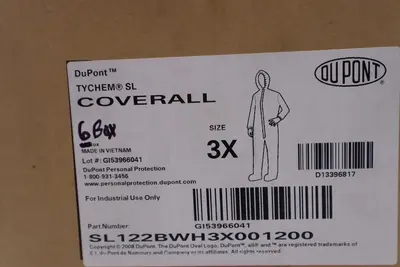 DUPONT TYCHEM 4000 SL SIZE 3X, WHITE, 6 PC CASE, SL122BWH3X001200 STOCK 2933