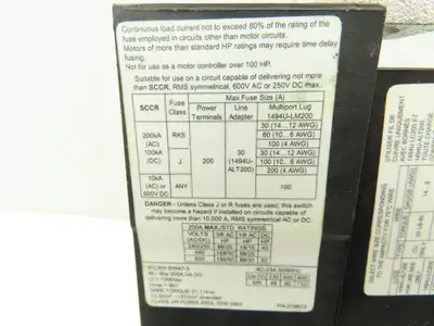 Allen Bradley 1494U-D200 Disconnect Switch 50Hp 600VAC 200A Ser A
