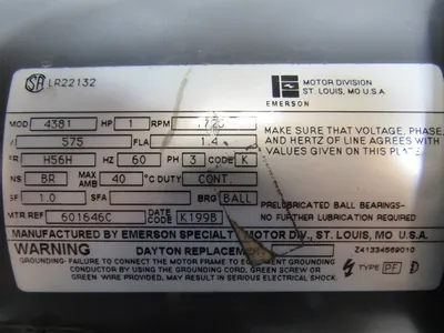 EMERSON 4381 1HP 575V 3Ph 60Hz 1725 RPM AC Motor Tested