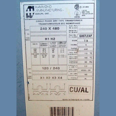 7.5 KVA Hammond 480/240 - 240/120 single phase For Sale