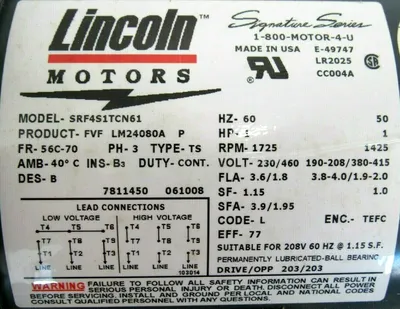 NEW LINCOLN LM24080 MOTOR 1HP 230/460V 1725RPM 5/8" DIA. SRF4S1TCN61