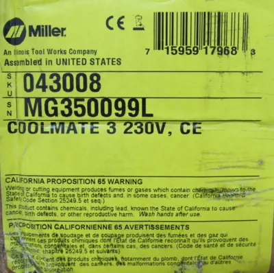 NEW MILLER 043008 COOLMATE 3 TIG TORCH WATER COOLER 230V