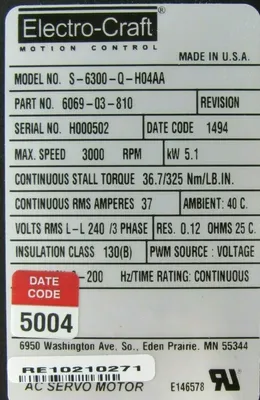 REFURBISHED ELECTROCRAFT S-6300-Q-H04AA SERVO MOTOR 6069-03-810 S6300QH04AA
