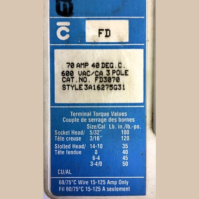 Cutler Hammer 3 Pole 70 Amp FD Breaker