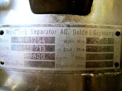 Westfalia MP 1254-D warm milk separator, 316SS.
