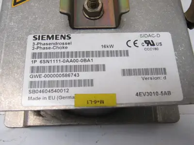 Siemens 1P 6SN1111-0AA00-0BA1 3 Phase Choke Reactor Com-HF 7MH 30A 16kW