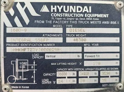 Used 2018 HYUNDAI 160D-9 Internal Combustion Forklifts: Pneumatic Tire Illinois US | Somerset Equipment Sales #1546265