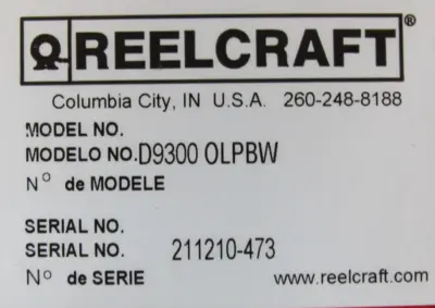 NEW REELCRAFT D9300 OLPBW 75' SPRING RETRACTABLE HOSE REEL 500 PSI D9300OLPBW