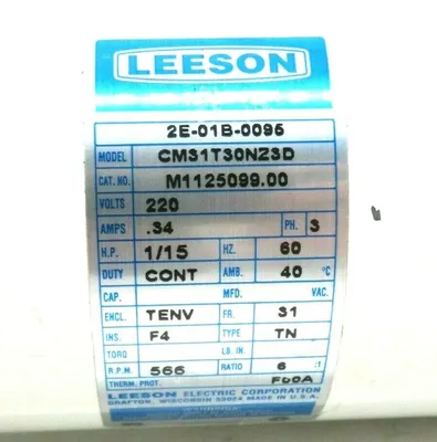 USED LEESON M1125099.00 A.C. GEARMOTOR 220V 60HZ .34AMPS CM31T30NZ3D M112509900