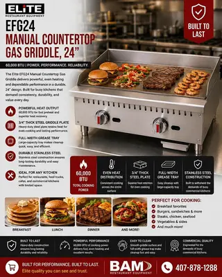 ELITE EFG24 Manual Countertop Gas Griddle, 24" | 60,000 BTU