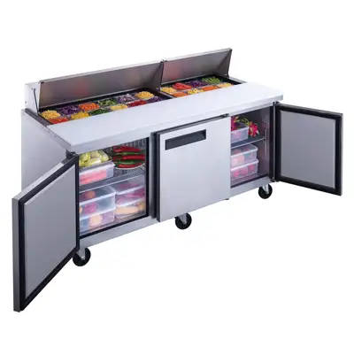 New | in-Stock Dukers New Dukers DSP72-18-S3 3-Door Commercial Food Prep Table Refrigerated in Stainless Steel Food Prep Tables Illinois US | Falcon Restaurant Supply #1376288