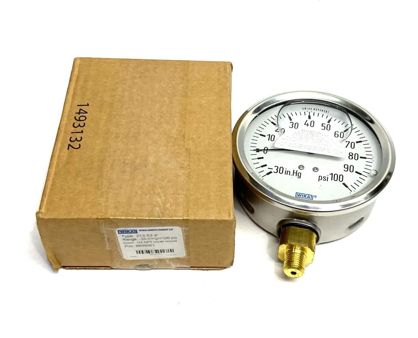 USED WIKA INSTRUMENT LIQUID FILLED HYDRAULIC GAUGE 100 PSI, 4" FACE DIA, LOWER MOUNT