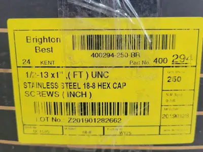 1/2-13x1" Stainless Steel Hex Cap Screw (Box of 200-250/Qty)