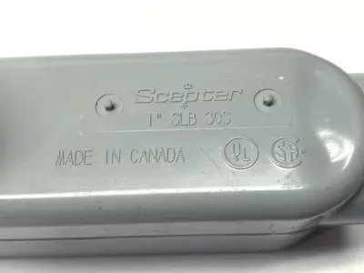 USED SCEPTER PVC CONDUIT BODY RIGHT ANGLE LINE BACK REMOVABLE COVER 1"