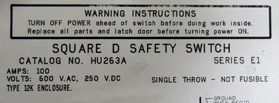 NEW SQUARE D HU263A SAFETY SWITCH 100A SERIES E1