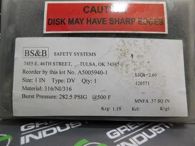 Lot of 5 BS&B Rupture Discs 120571 1" Type DV 282.5 PSIG @ 500°F Krg1.19 New