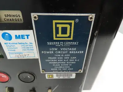 Square D K-600 Low Voltage Power Circuit Breaker 600A 600V Carriere FB600ER RMS