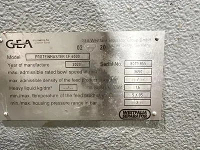 USED 2020 GEA WESTFALIA PROTEIN MASTER CF 6000